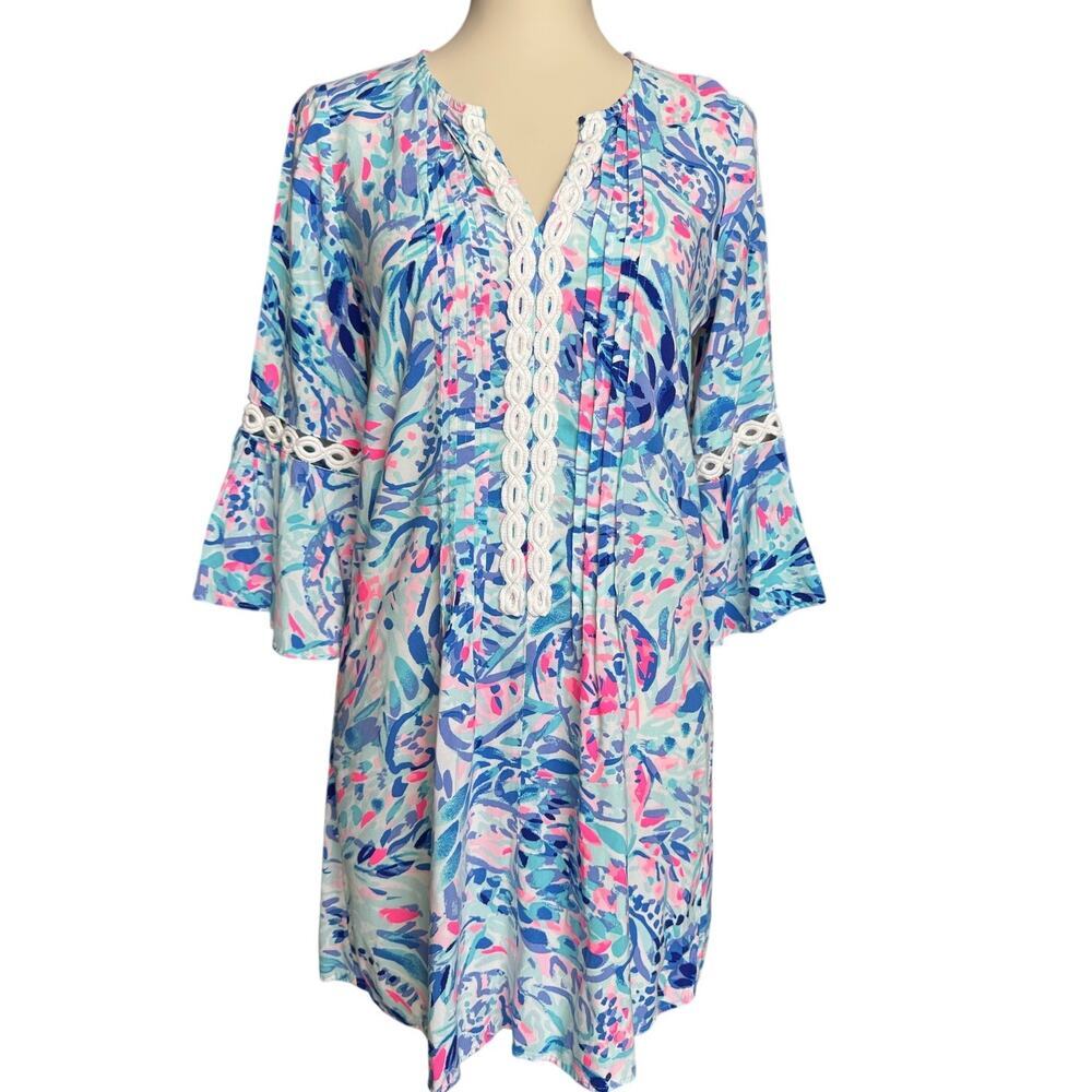 Lilly Pulitzer XS Bell Sleeve Shift Dress Blue Pink Rayon Beach Resort